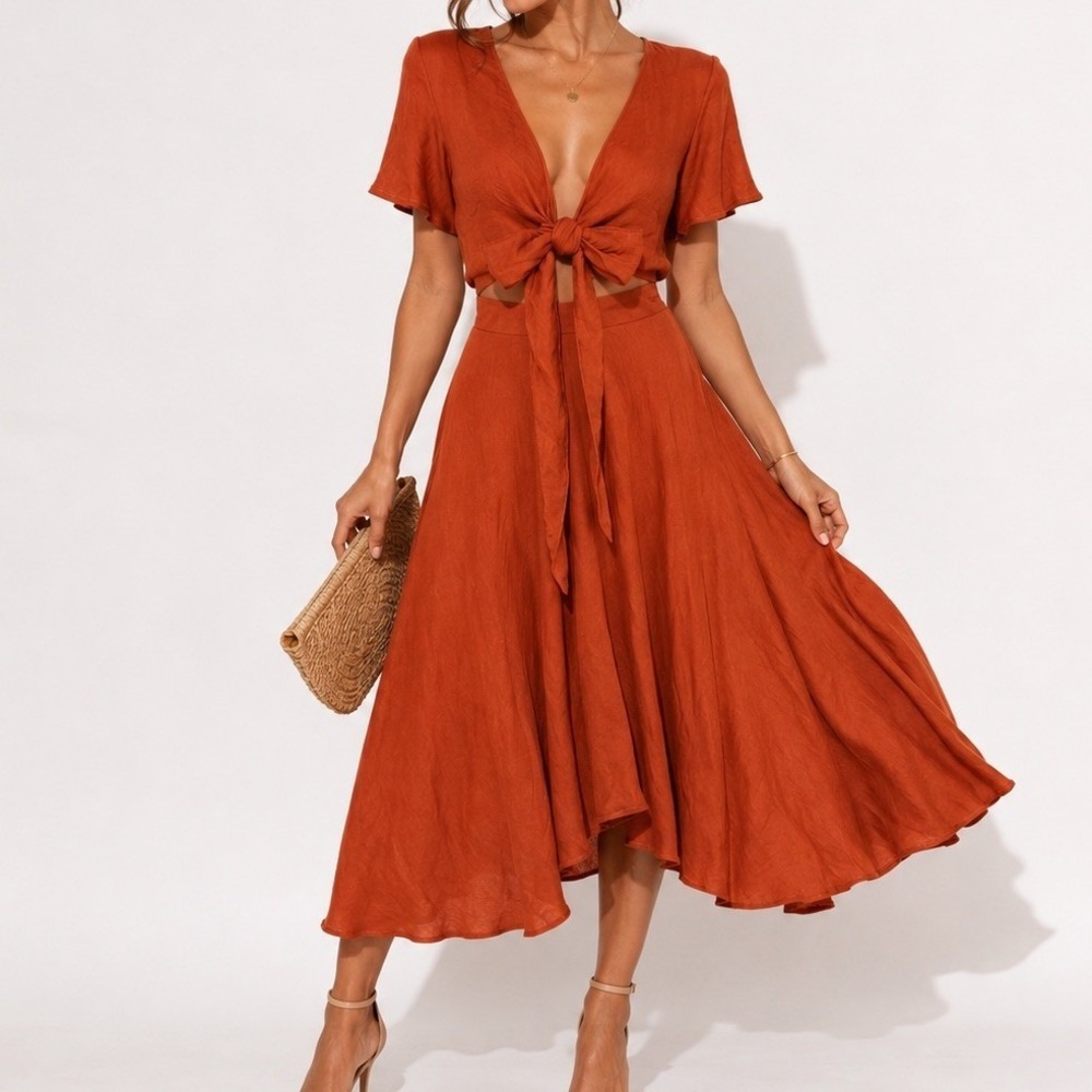 Billy J Sunny Daze Rust Midi Dress 8 Tie Front Satin Mediterranean Romantic Boho